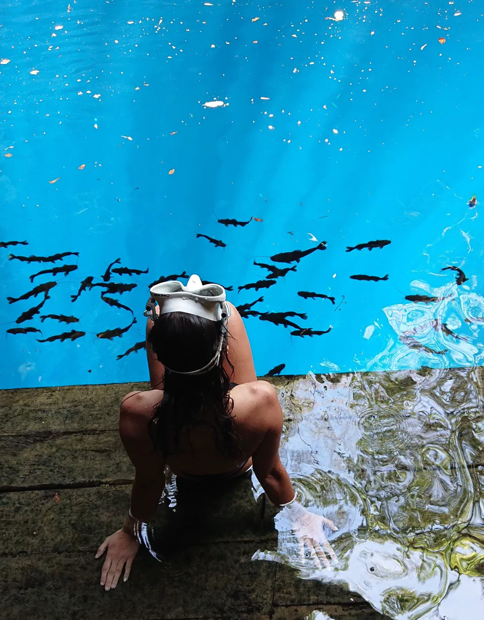 Guest sitting on cenote steps beside fish in clear blue water